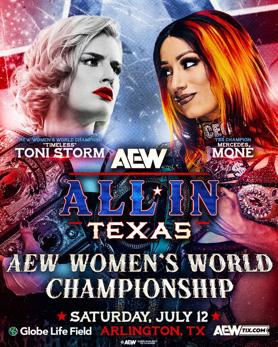 AEW LIVE EVENTS (@aewlive) on Twitter photo Are you ALL IN?!
#AEW's BIGGEST show of the year, #AEWAllInTexas, takes over <a href="/GlobeLifeField/">Globe Life Field</a> in Arlington, TX on Saturday, July 12th 2025!
Don't miss your chance to be a part of this historic event - tickets ON SALE NOW!
🎟️ aewallintexas.com Are you ALL IN?!
#AEW's BIGGEST show of the year, #AEWAllInTexas, takes over <a href="/GlobeLifeField/">Globe Life Field</a> in Arlington, TX on Saturday, July 12th 2025!
Don't miss your chance to be a part of this historic event - tickets ON SALE NOW!
🎟️ aewallintexas.com