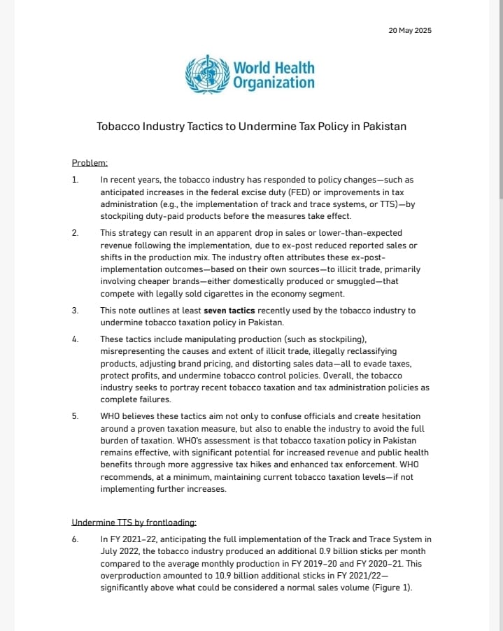 PACTPak's tweet image. Tobacco industry in Pakistan is undermining tax policy through stockpiling, misreporting illicit trade, and illegally downgrading brands—tactics exposed in the latest WHO-backed brief. Don’t fall for their narrative. Strong tobacco taxes work.
@WHOPakistan
#WNTD2025Pakistan