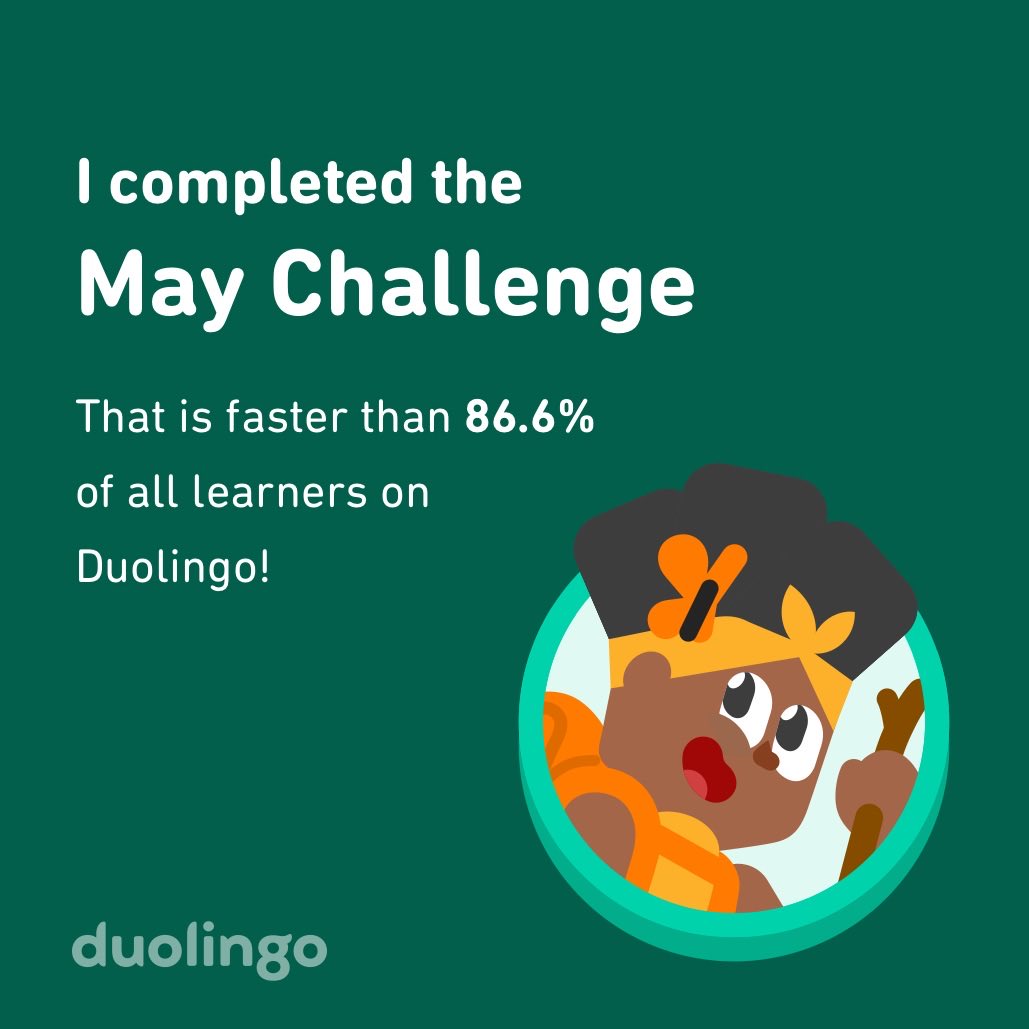 L4U124's tweet photo. I completed the May challenge faster than 86.6% of all learners on Duolingo! https://t.co/fivoNNF1mi