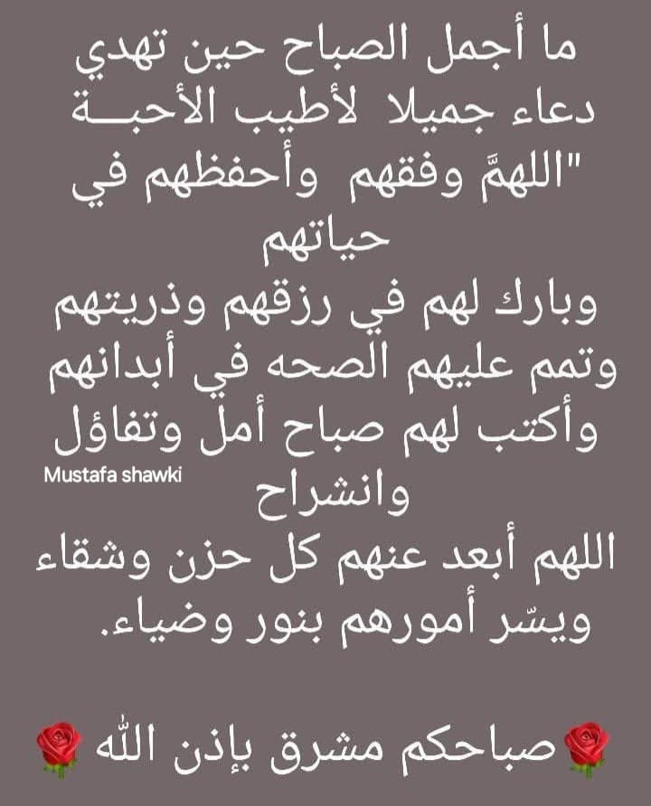 صباح الخير
اللهم أسألك بركة في الرزق والعمر والأهل والولد 
اللهم لا حول ولا قوة لنا الا بك
اللهم نصرك الذي وعدت
اللهم انصر اخواننا في #غزة 
ليس لهم سواك يا ارحم الراحمين