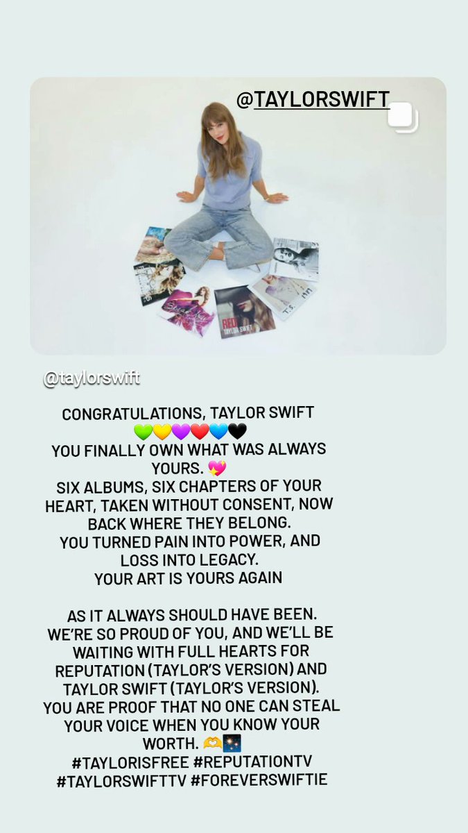 Van_Fun_Van1213's tweet photo. Congratulations, Taylor Swift
you finally own what was always yours
Six albums, six chapters of your heart, taken without consent, now back where they belong.
You turned pain into power, and loss into legacy.
Your art is yours again
#TaylorIsFree #ReputationTV #TaylorSwiftTV https://t.co/afP4G5Q4IR
