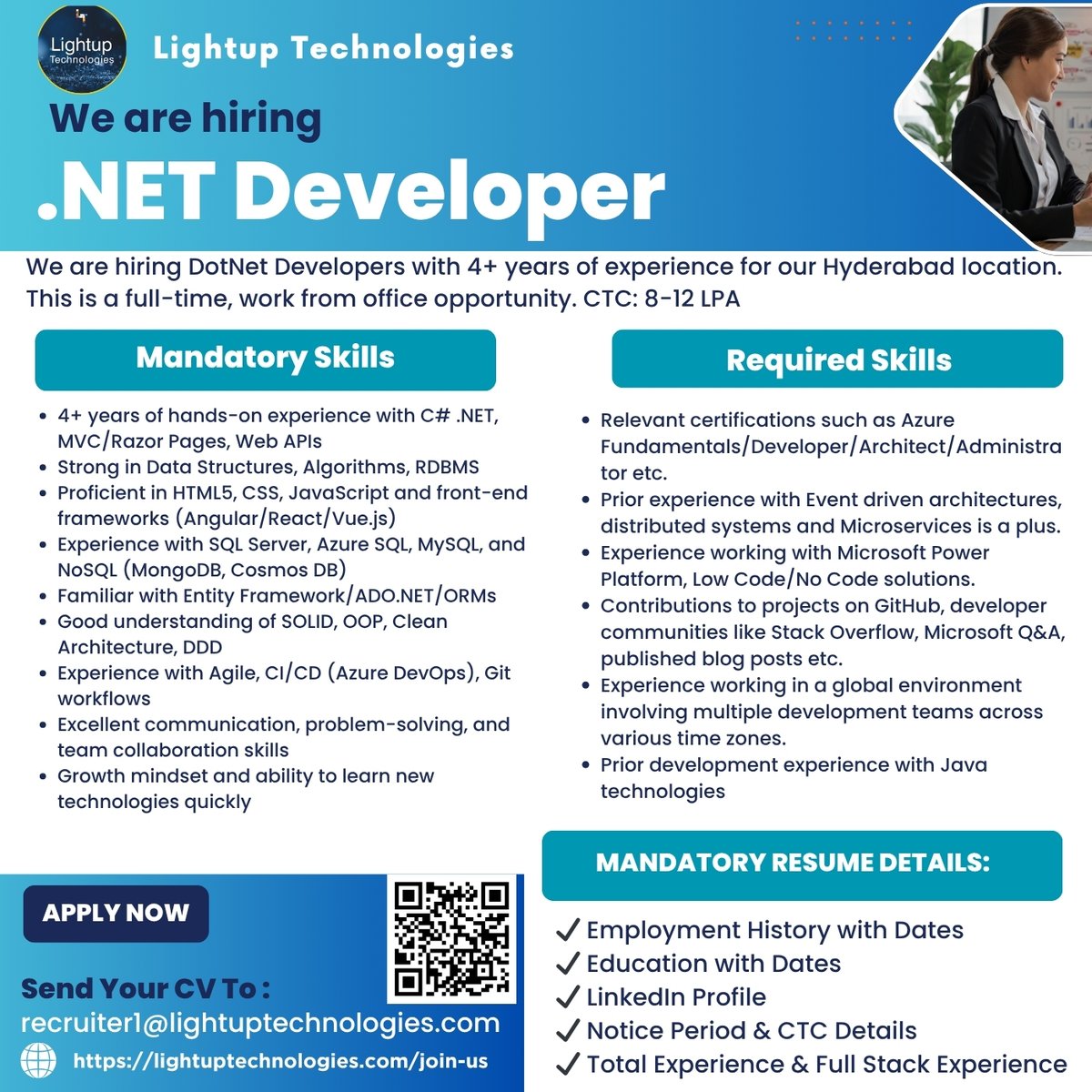Hi,
We are hiring DotNet Developers with 4+ years of experience for Hyderabad location. This is a full-time, work from office job opportunity.
Please send your resume to recruiter1@lightuptechnologies.com