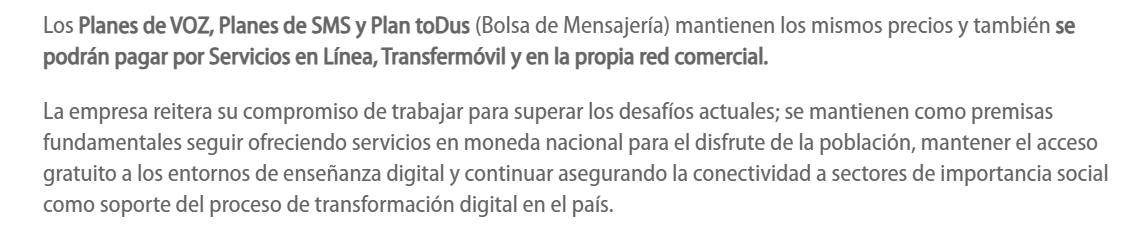 No vamos a hablar del aumento de precios de ETECSA, porque se ha compartido muchísima y variada información sobre ese tema. Ahora lo que nos preocupa a nosotros es este pequeño párrafo que aparece en la nota donde se da la noticia del aumento y se deja como una "bondad" que el