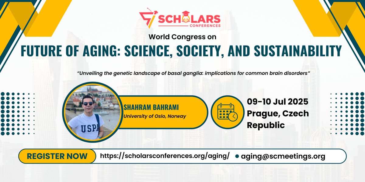 Aging Conference (@aging2025) on Twitter photo 🌟 Speaker Announcement🌟
We are pleased to announce that Dr. Shahram Bahrami from the University of Oslo, Norway will be delivering an Oral and Poster Presentation at the WCFA 2025!
🔗 Register now: scholarsconferences.org/aging/
📧 Inquiries: aging@scmeetings.org
<a href="/ScholarsConfer1/">Scholars Conferences</a> 🌟 Speaker Announcement🌟
We are pleased to announce that Dr. Shahram Bahrami from the University of Oslo, Norway will be delivering an Oral and Poster Presentation at the WCFA 2025!
🔗 Register now: scholarsconferences.org/aging/
📧 Inquiries: aging@scmeetings.org
<a href="/ScholarsConfer1/">Scholars Conferences</a>