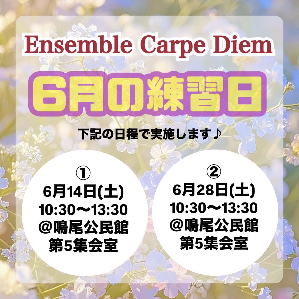 こんにちは、Ensemble Carpe Diemです♫

本日は練習日でした🫠

6月は以下の練習日程を予定しています。

当団に興味をお持ちの方、ご連絡はDMまでお願いします🙇
お待ちしております!!