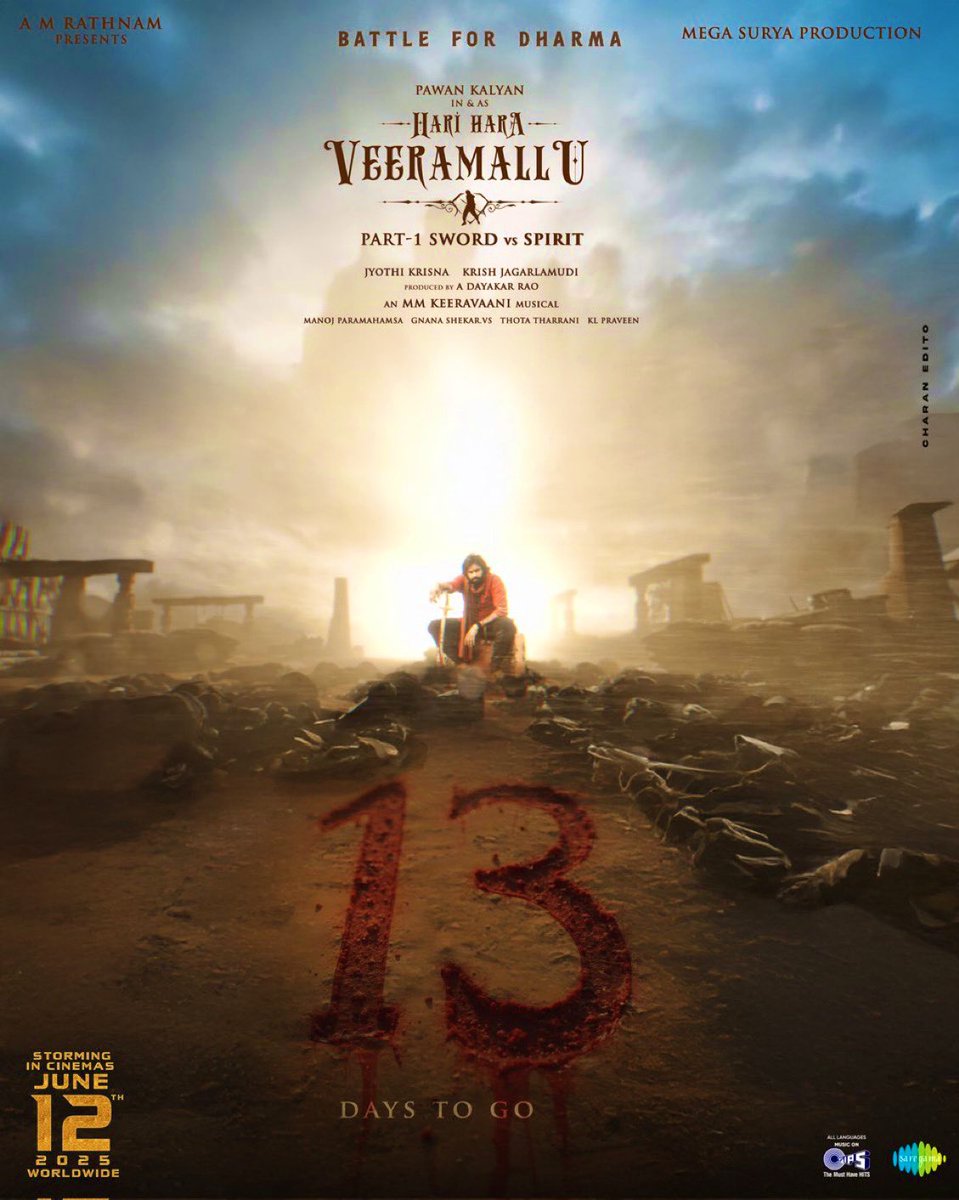 13 days to Go 🔥❤️

The King is Arriving 
To battle for Dharma 💥💥💥💥🌟

#HariHaraVeeraMallu 🙌🏿
