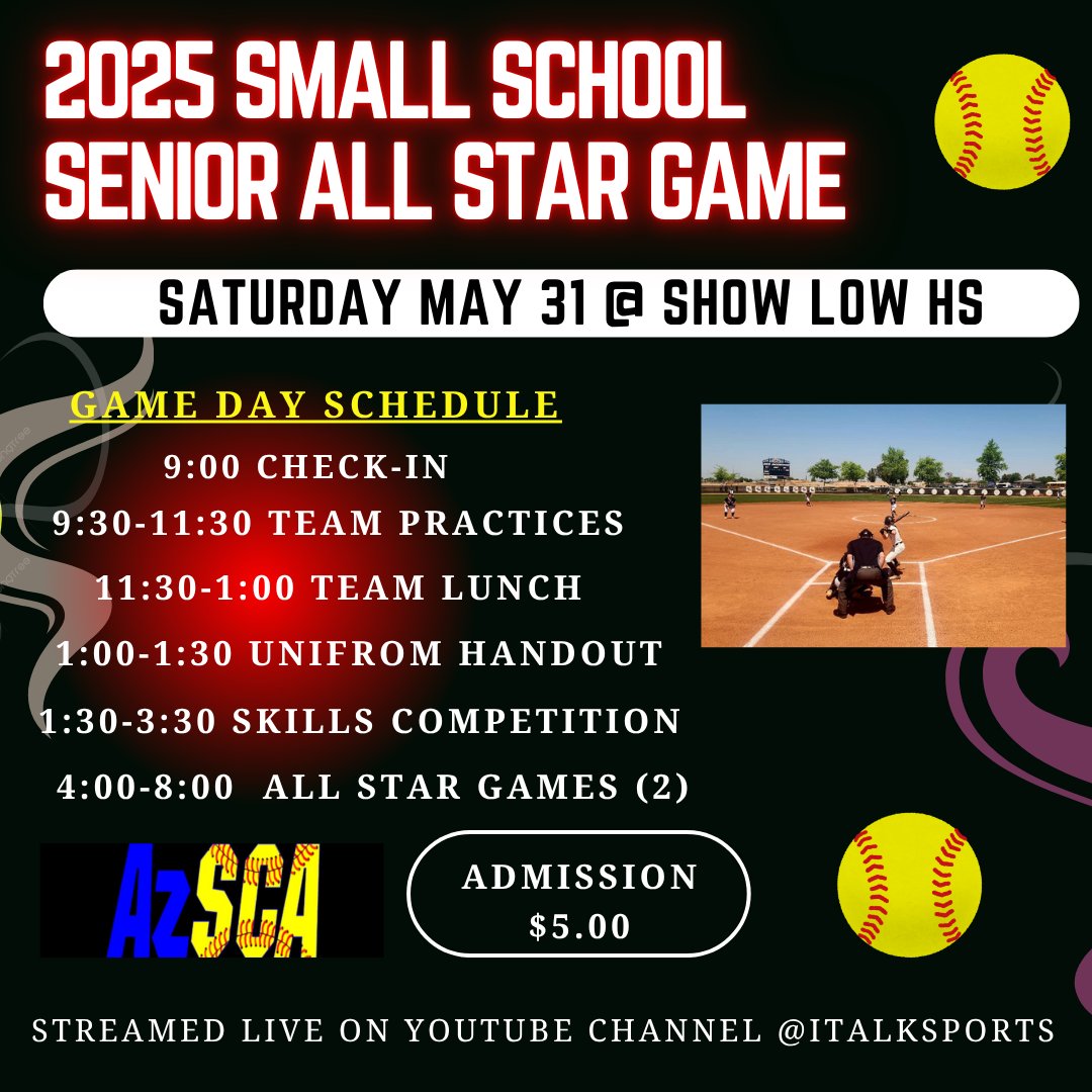Tomorrow's the big day for the AZSCA Small Schools Senior All Star Games. All day event in Show Low. Get out of the heat and watch some of the best 
3A/2A/1A players in the state. 2 Games, Skills Competion and Lunch. Should be a great day.