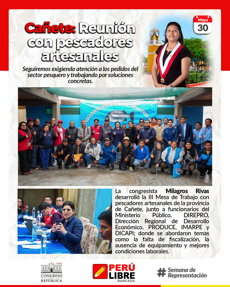 La congresista <a href="/MilagrosRivasCh/">Milagros Rivas 🇵🇪</a> desarrolló la III Mesa de Trabajo con pescadores artesanales de Cañete, junto a funcionarios del Ministerio Público, DIREPRO, Dirección Regional de Desarrollo Económico, PRODUCE, IMARPE y DICAPI; donde se abordaron diversas problemáticas.