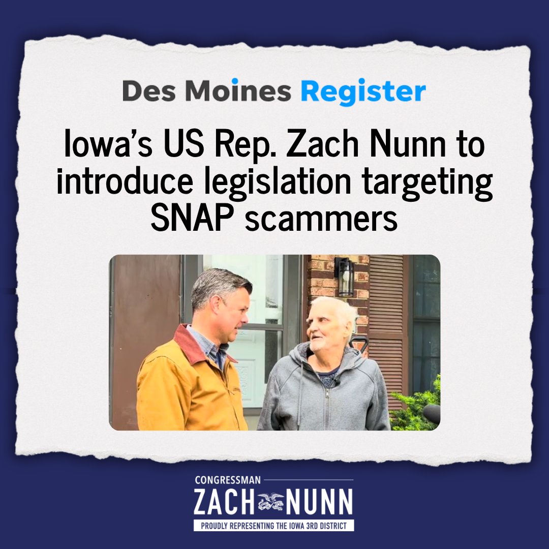 Congressman Zach Nunn (@zachnunn) on Twitter photo New Jersey fraudsters stole Army veteran David Shroeder's SNAP benefits through a simple, and preventable, EBT transfer scam. Learn more about how we're fighting to restore David's benefits and crack down on SNAP fraud. ⬇️
desmoinesregister.com/story/news/pol… New Jersey fraudsters stole Army veteran David Shroeder's SNAP benefits through a simple, and preventable, EBT transfer scam. Learn more about how we're fighting to restore David's benefits and crack down on SNAP fraud. ⬇️
desmoinesregister.com/story/news/pol…