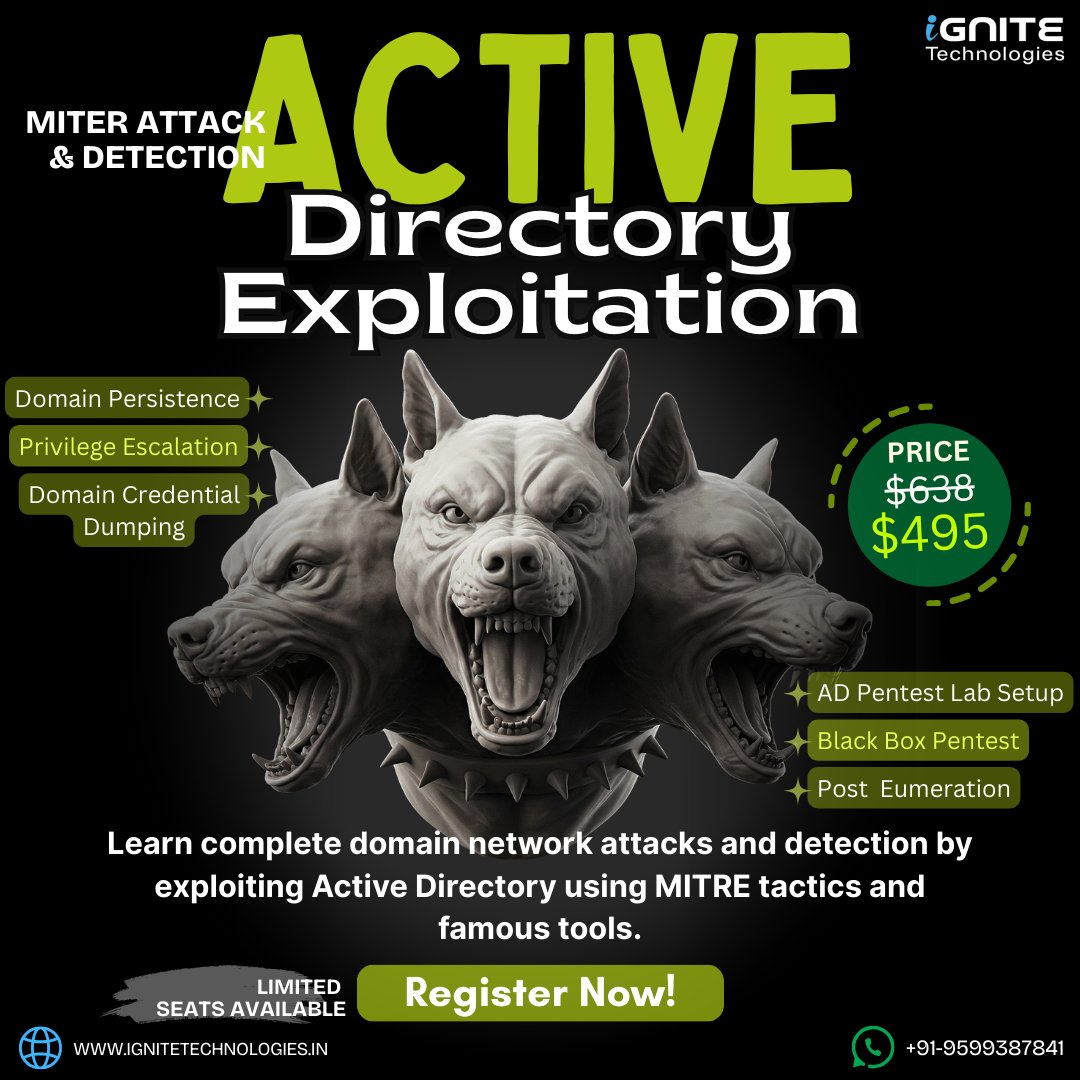 Hacking Articles (@hackinarticles) on Twitter photo 🚀 Active Directory Exploitation Training (Online) – Register Now! 🚀
🔗 Register here: forms.gle/bowpX9TGEs41GD…
💬 WhatsApp: wa.me/message/HIOPPN…
đź“§ Email: info@ignitetechnologies.in
Limited slots available! Hurry up to secure your spot in this exclusive training program 🚀 Active Directory Exploitation Training (Online) – Register Now! 🚀
🔗 Register here: forms.gle/bowpX9TGEs41GD…
💬 WhatsApp: wa.me/message/HIOPPN…
đź“§ Email: info@ignitetechnologies.in
Limited slots available! Hurry up to secure your spot in this exclusive training program
