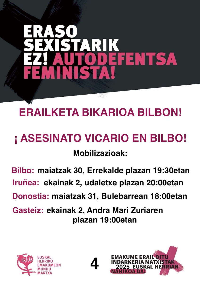 🚨🚨🚨🚨🚨🚨🚨🚨

ASKI DA! Un hombre ha asesinado a la hija de su pareja en Bilbo.

Elkarretaratzea / Concentración

IRUÑEA
Ekainak 2 de junio
20:00 Udaletxe plazan / Plaza del Ayuntamiento