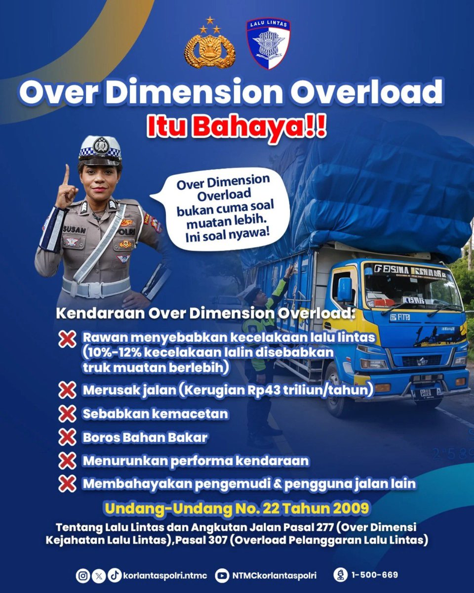 Over Dimension &amp; Over Load bukan cuma melanggar aturan, tapi juga membahayakan nyawa.

Selain itu bisa menyebabkan Jalan rusak, Rem blong, dan kecelakaan meningkat.

Yuk bijak dalam berkendara, utamakan keselamatan!

#Stop
#OverDimensionOverLoad #KeselamatanJalan #NTMCKorlantas