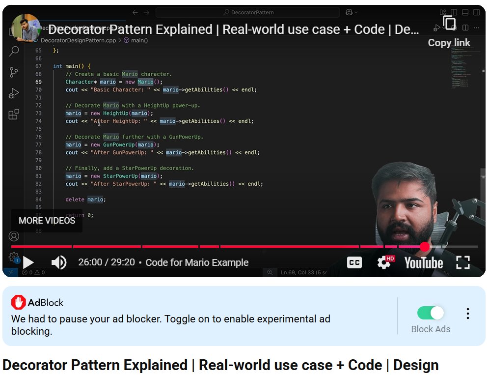 AmanRoy29629082's tweet image. 🚀 Day 12 of #LLD ✅
Today’s focus: Decorator Pattern 🎁
🔧 Add behavior to objects at runtime
💥 No more class explosion
🎮 Like giving Mario power-ups – one wrap at a time!
Thanks @rohit_negi9 & @adityatandon02 🙌
#LLD #DecoratorPattern #CleanCode #MarioWithPowers