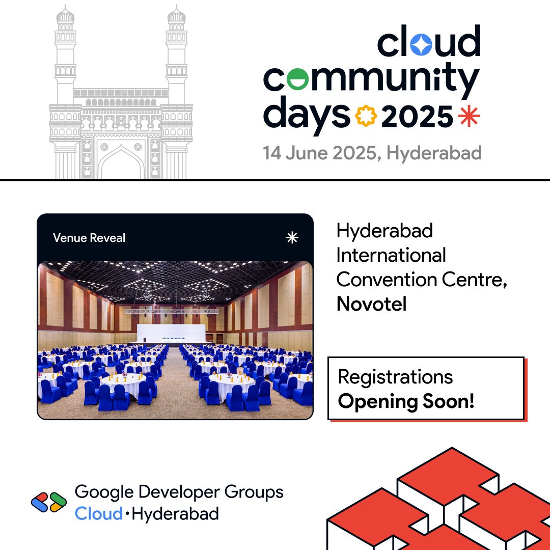 gdgc_hyd's tweet image. 📢 We’re excited to announce that Google Cloud Community Days Hyderabad will be hosted at the iconic:

✨ Hyderabad International Convention Centre, Novotel ✨

Get ready for world-class sessions, networking &amp;amp; more! 🚀

🎟️ Registrations can open anytime. Stay tuned! #GCCDHyd2025