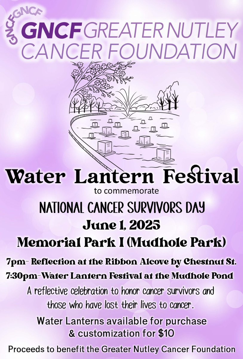 The Greater Nutley Cancer Foundation's Water Lantern Festival scheduled for Sunday, June 1 has been postponed due to possible rain and weather conditions. The event will rescheduled in September.