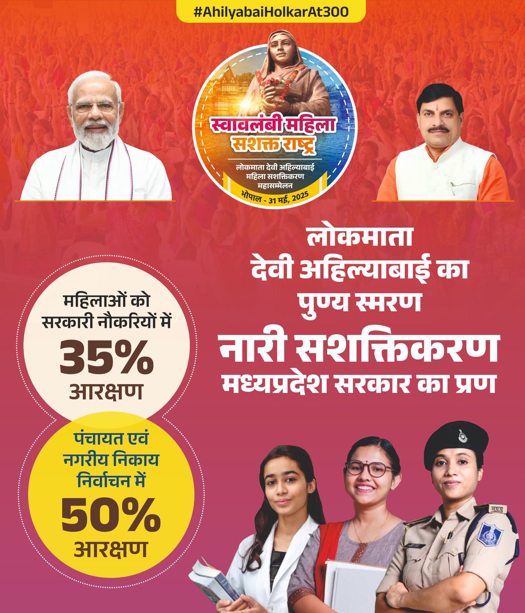 लोकमाता देवी अहिल्याबाई का पुण्य स्मरण नारी सशक्तिकरण मध्यप्रदेश सरकार का प्रण!

✓ महिलाओं को सरकारी नौकरियों में 35% आरक्षण! 
✓ पंचायत एवं नगरीय निकाय निर्वाचन में 50% आरक्षण!

#AhilyaBaiHolkarAt300