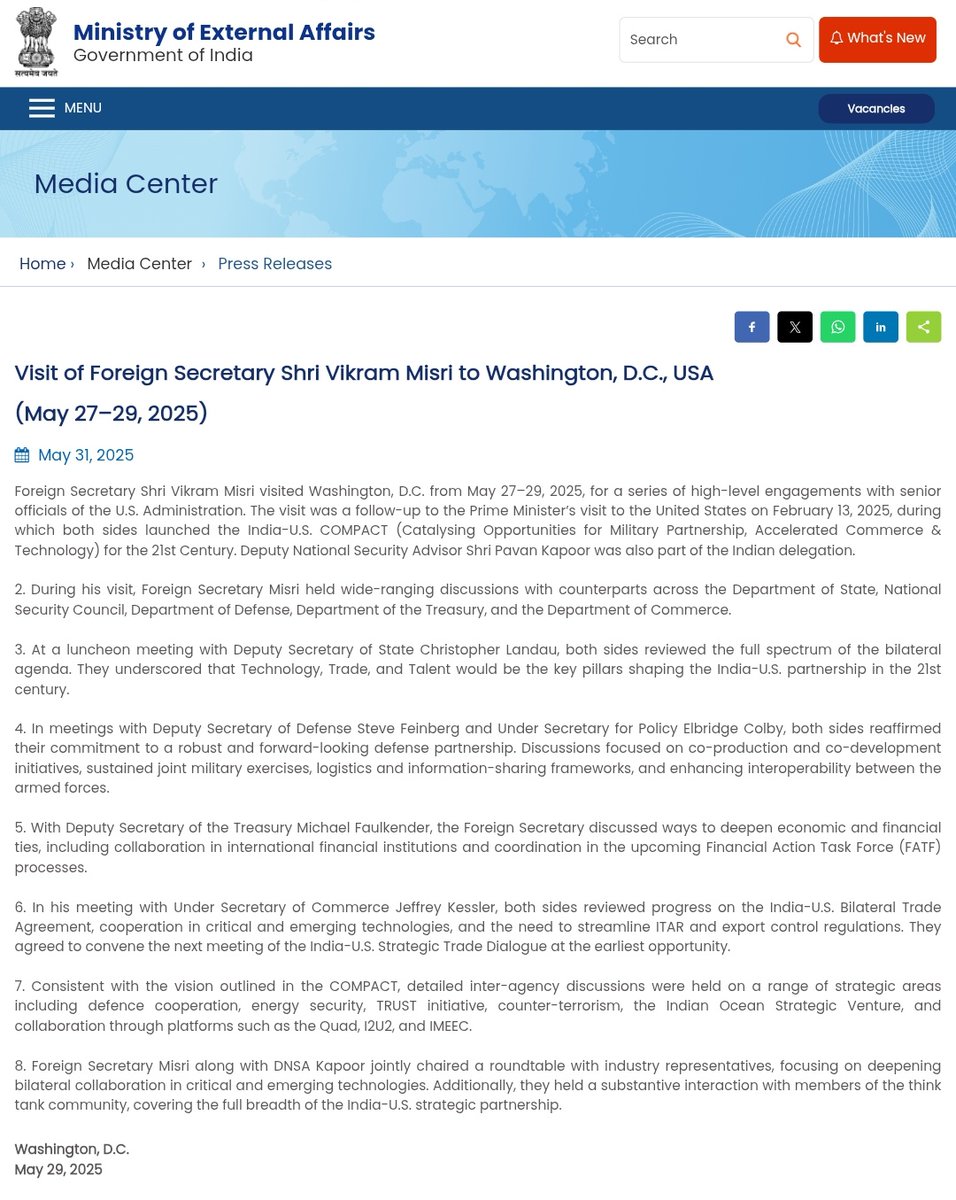 Just in: India, US to "coordinate in the upcoming" Financial Action Task Force (FATF) processes, says India state on Foreign Secretary Vikram Misri's US visit

PS: India plans to present a case for Pakistan's grey listing at FATF since the country continues to support terrorism