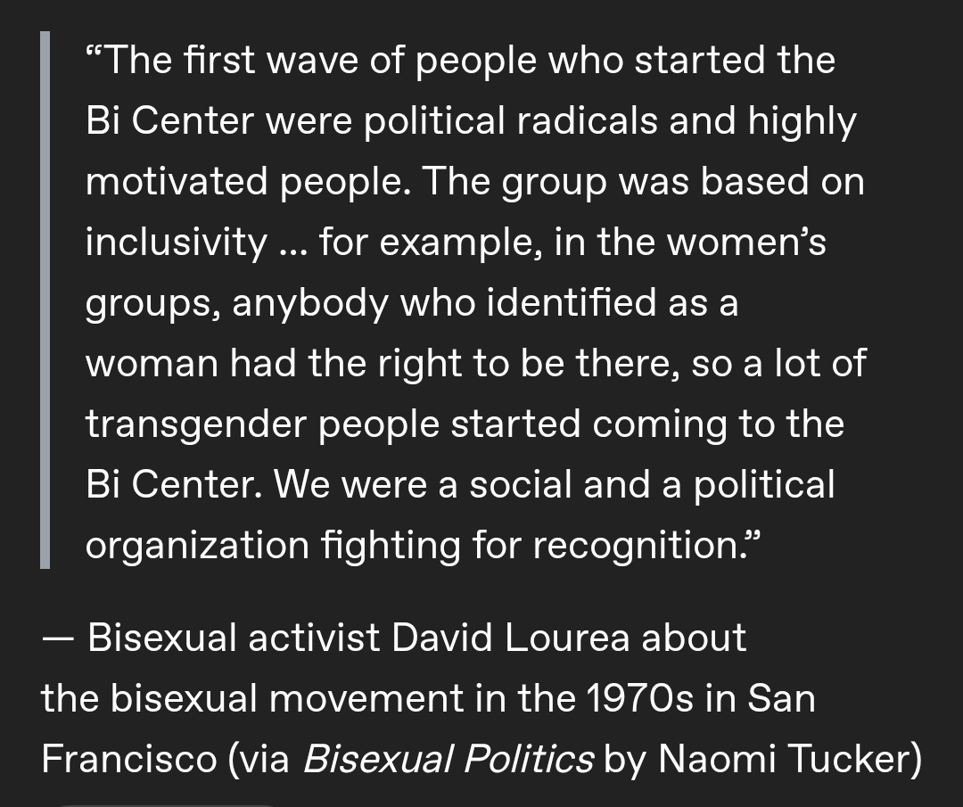 ArchiveBisexual's tweet photo. "The first wave of people who started the Bi Center were political radicals &amp; highly motivated. The group was based on inclusivity, for eg, in the women’s groups, anybody who identified as a woman had the right to be there so a lot of trans people started coming to the Bi Center" https://t.co/zoK26pYEU0