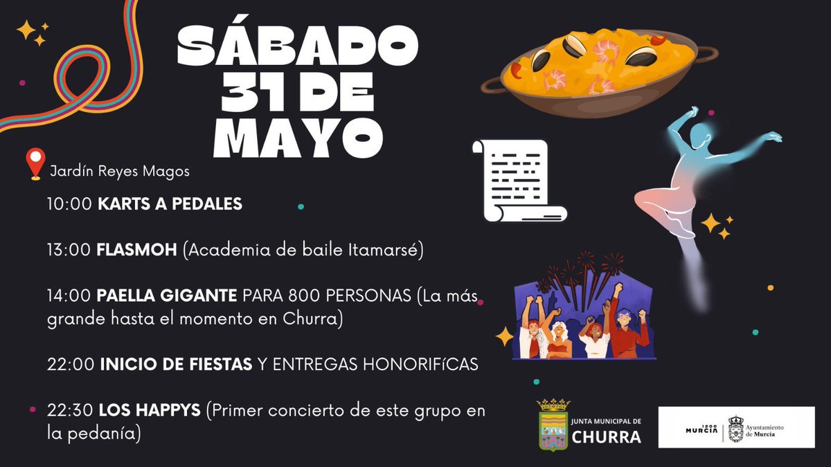 🎉 ¡LAS FIESTAS MÁS HAPPYS ARRANCAN HOY!

Prepárate para disfrutar con:

🏎️ Karts para niños
🎭 Flasmoh
🍽️ Paella gigante
🏅 Entregas honoríficas
🎶 ¡Los Happys en concierto!

¡No te lo puedes perder!

💫 #ChurraAvanza