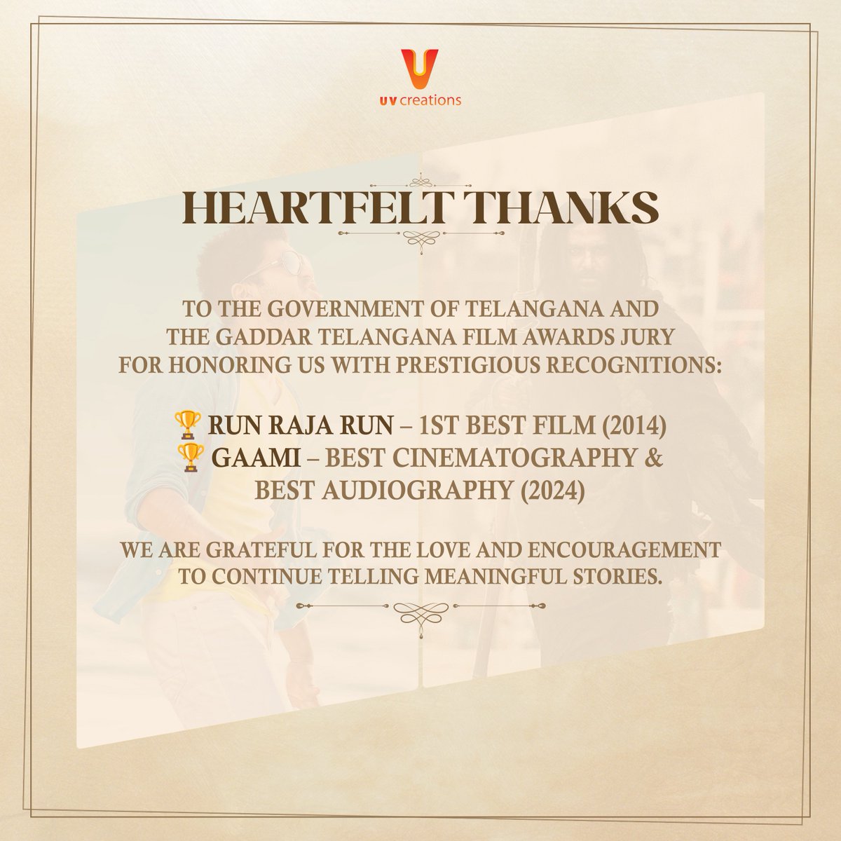 Grateful to the Telangana Government &amp; Gaddar Telangana Film Awards for the honour and recognition. 🙏🏻✨