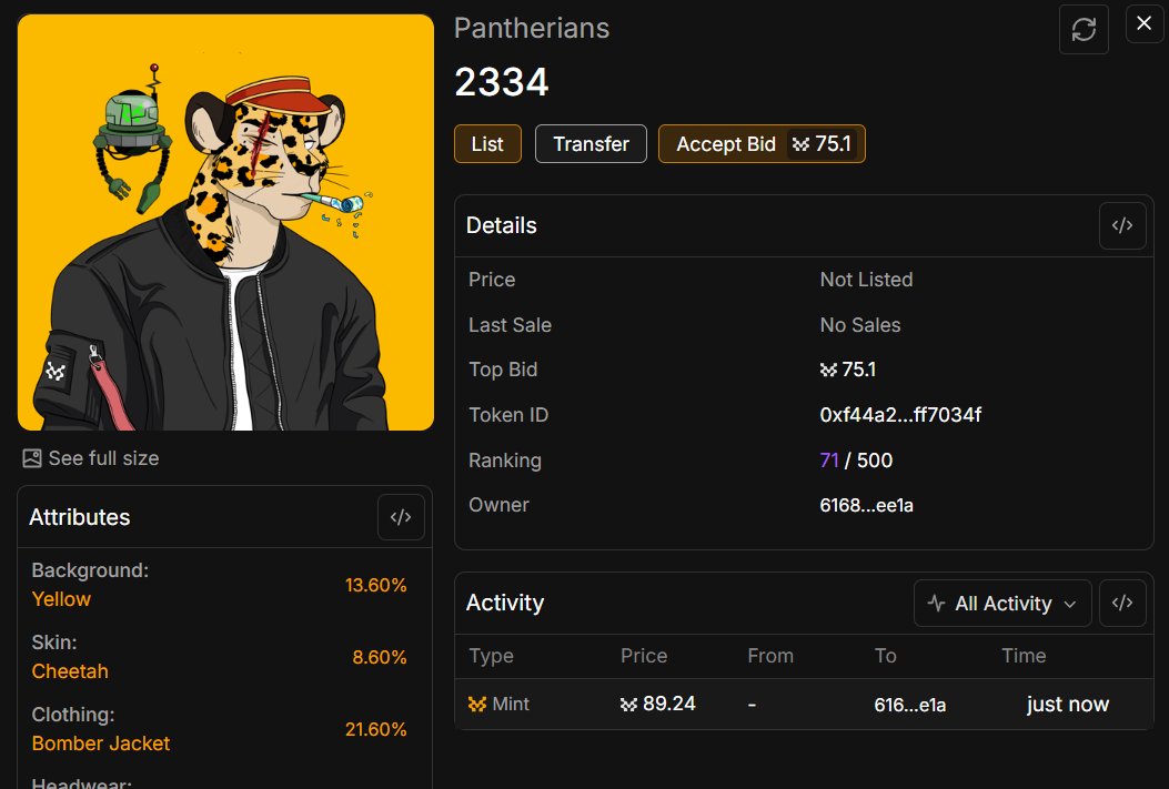 Satri 15 (@satribhai15) on Twitter photo i just minted <a href="/thepantherians/">Pantherians NFT | Movemania 🕹️</a> on Movement
And got the rare one
thanks it looks cool and badass i just minted <a href="/thepantherians/">Pantherians NFT | Movemania 🕹️</a> on Movement
And got the rare one
thanks it looks cool and badass