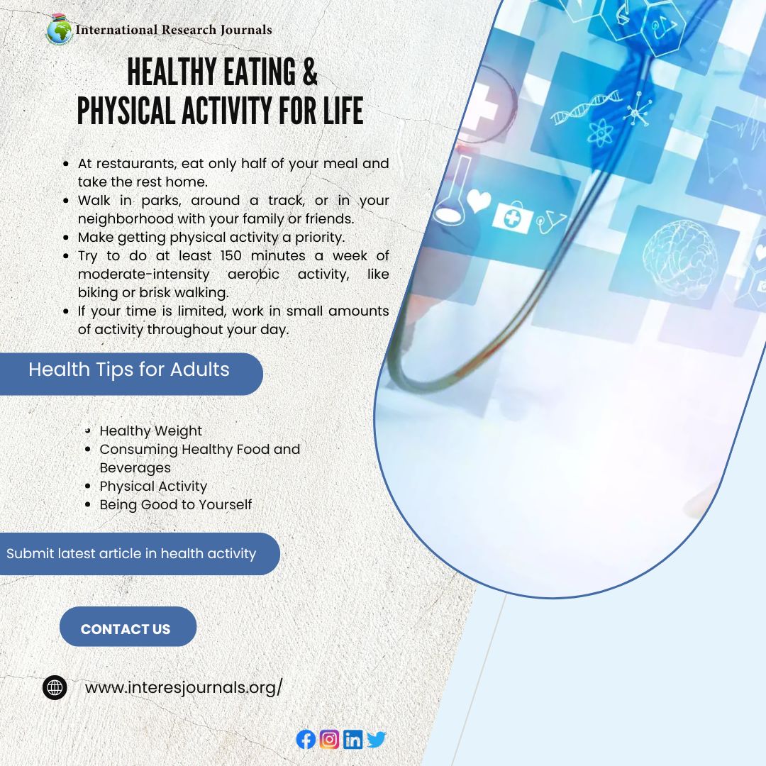 Maintaining a balance of healthy eating and physical activity is crucial for overall well-being. Incorporate a variety of nutrient-dense foods 🥦 into your diet and aim for at least 150 minutes of moderate exercise per week. #HealthyLiving #Wellness #EatClean #MoveMore #author