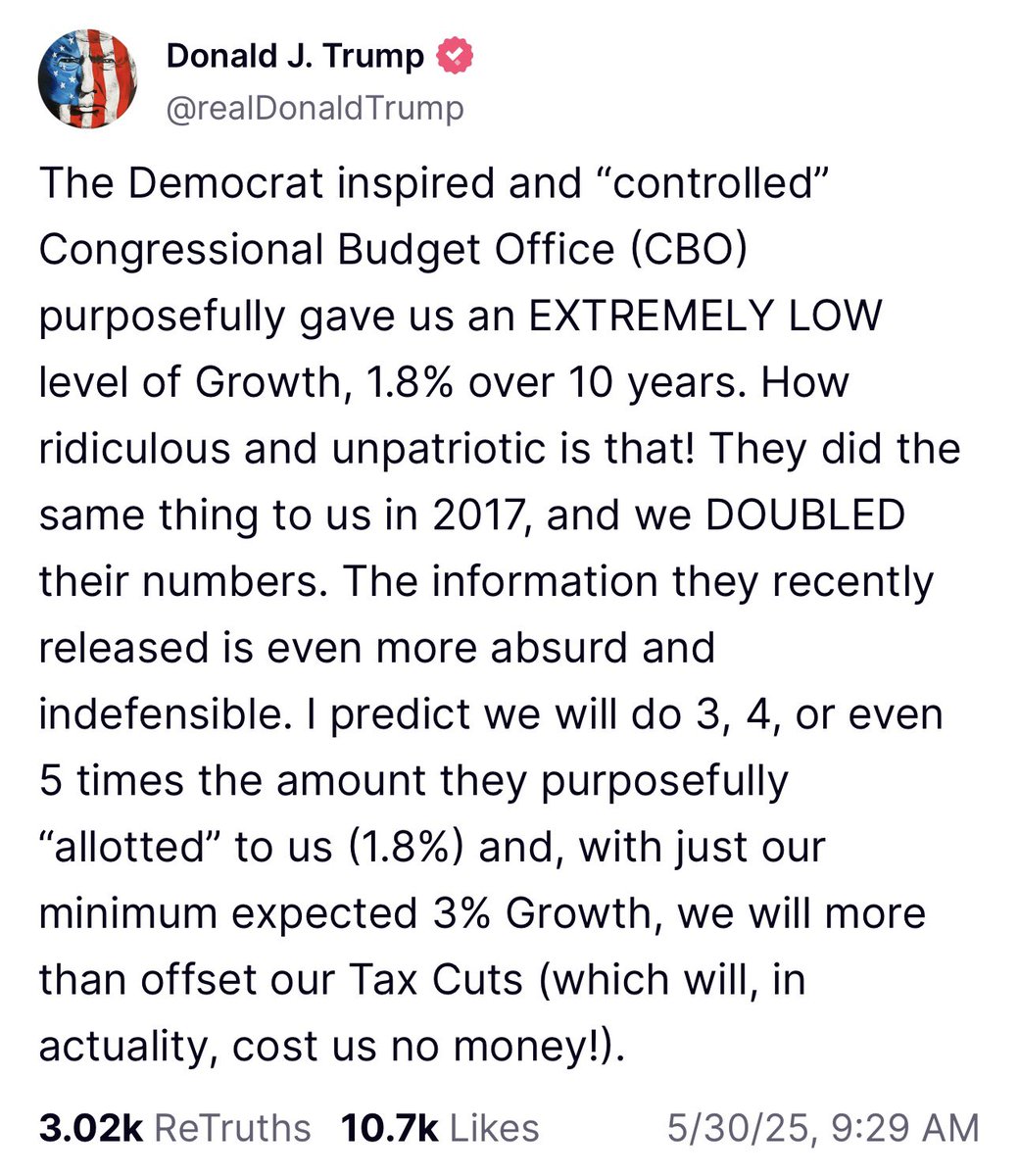 国会预算办公室预测未来十年美国经济增长率1.8%，川普说这是民主党控制的机构（其实负责人是共和党），大骂“荒唐”，声称美国经济增长率将会是1.8%的3、4、5倍。他还要搞一个国家统计局帮助做账才能实现美国经济大跃进。