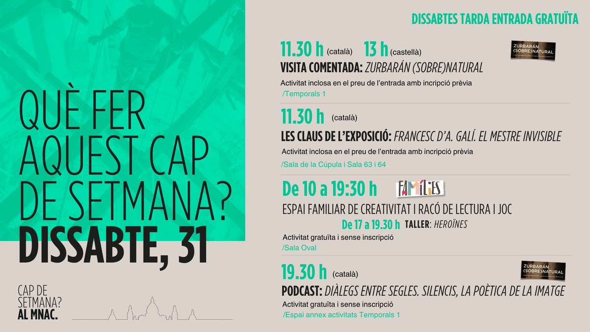 Aquest dissabte al #MNAC, descobreix el mestre #Galí amb el comissari de l'exposició #AlbertMercadé, participa a l'últim 🎙️ #pòdcast "Diàleg entre segles" amb #ÀlexMitrani i #AndreaSotoCalderón, i crea un còmic en familia el taller "Heroïnes".👩‍🎨

📲 capdesetmanamnac.cat
