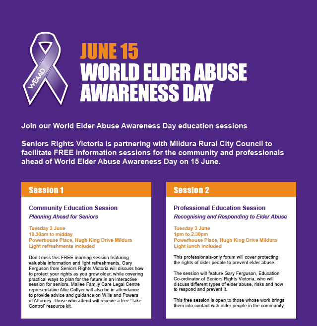 FREE Elder Abuse Awareness Sessions Tuesday 3 June! For Community members and professionals! 

Session 1 details: bit.ly/3Fvr5c7
Session 2 details: bit.ly/4dNaBsD