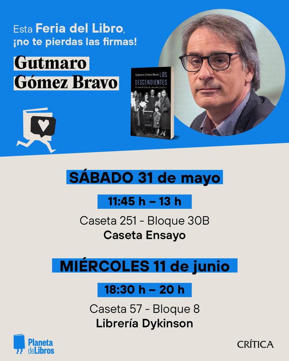 Editorial Crítica (@ed_critica) on Twitter photo 🎙️¡No te pierdas las firmas de la <a href="/FLMadrid/">Feria del Libro de Madrid</a>! Hoy, 31 de mayo, <a href="/gunde_bravo/">Gutmaro G Bravo</a> estará firmando ejemplares de 'Los descendientes' en la Caseta Ensayo de la feria ⬇️⬇️ planetadelibros.com/autor/gutmaro-… 🎙️¡No te pierdas las firmas de la <a href="/FLMadrid/">Feria del Libro de Madrid</a>! Hoy, 31 de mayo, <a href="/gunde_bravo/">Gutmaro G Bravo</a> estará firmando ejemplares de 'Los descendientes' en la Caseta Ensayo de la feria ⬇️⬇️ planetadelibros.com/autor/gutmaro-…