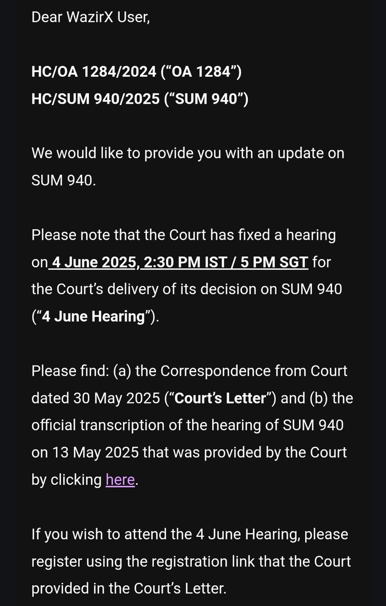 EverythingAjay's tweet photo. May is almost over, but there’s still no refund from #WazirX

According to the latest update 🇸🇬 Singapore high court is set to deliver its decision on SUM 940 on 4 June 2025 at 2:30 PM IST https://t.co/q6Lh0UiyAH