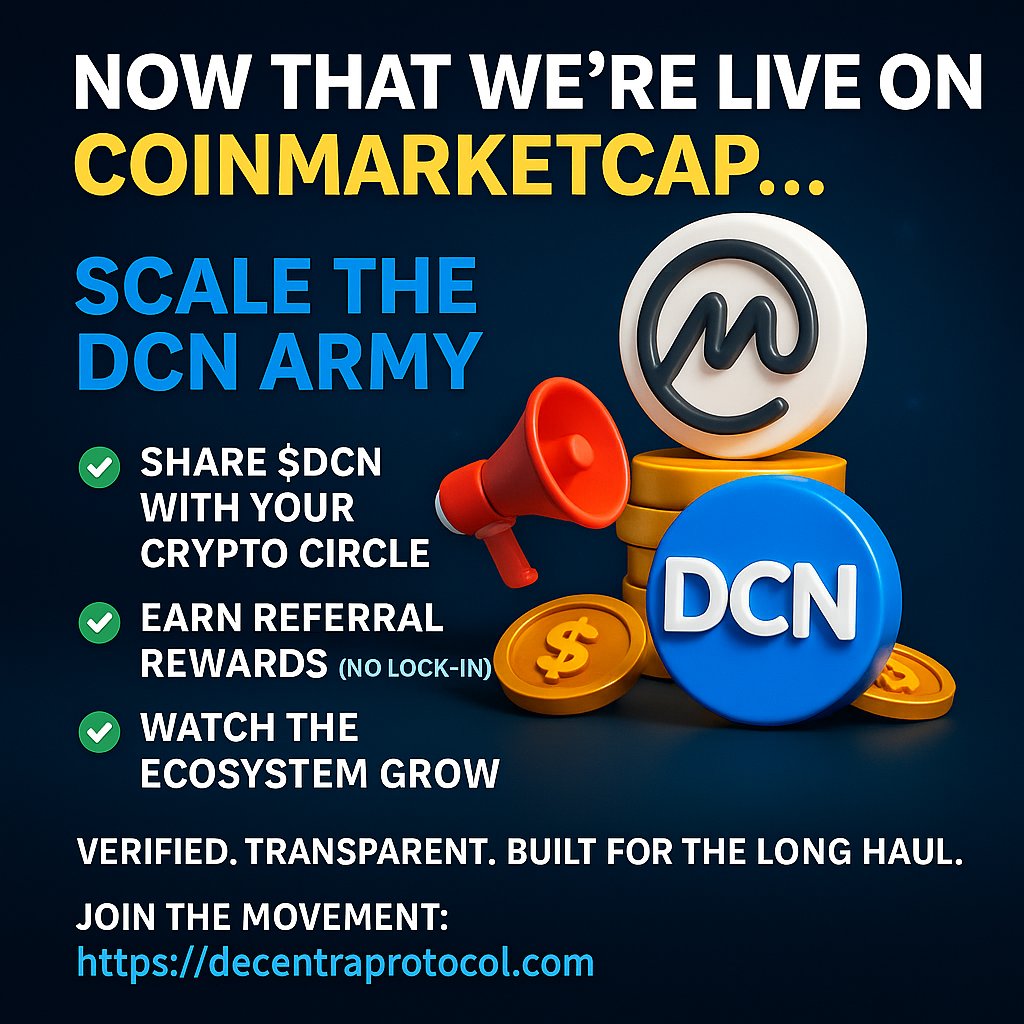 DCNPROTOCOL's tweet photo. ๐ฅ $DCN is now live on CoinMarketCap โ whatโs next?
๐ Grow the community
๐ธ Earn with referrals
๐ Daily rewards, no lock-in
Weโre just getting started. Join the DeFi mission:
๐ https://t.co/IDlQfOYwJI
#DCN #CoinMarketCap #DeFiJourney #CryptoRewards #EarnWithDCN https://t.co/KCFOTwIL4y