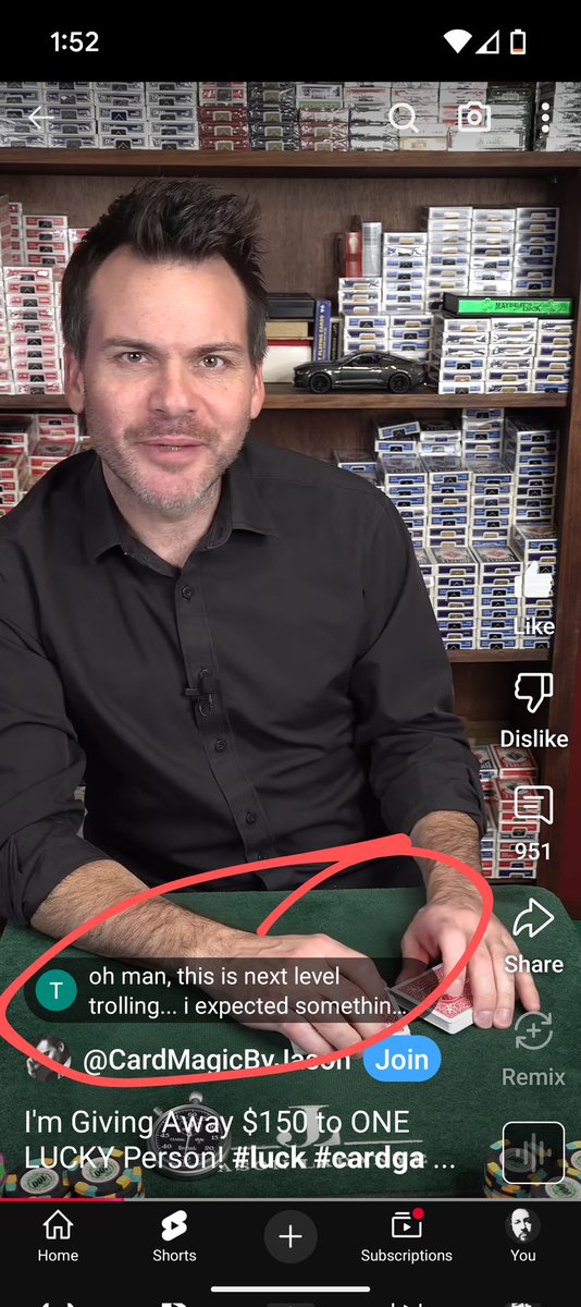 djspy's tweet photo. @YouTube can you remove this "feature" please? It ruins the whole video as it obstructs much of the card trick plus, the screen is already too cluttered. At least give us the option to turn this off. https://t.co/UlG4kwIswi