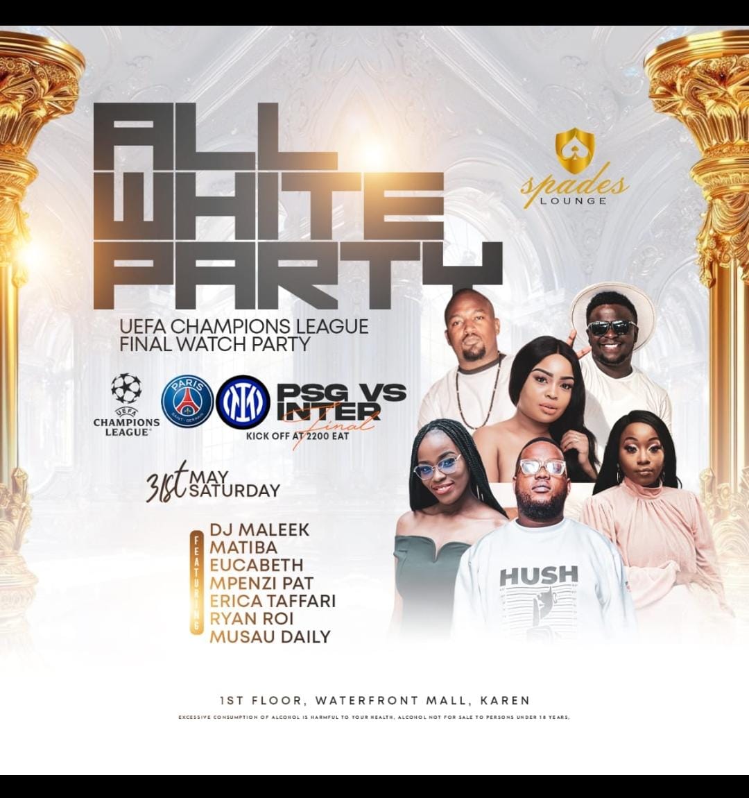 The Waterfront Karen (@waterfront_ke) on Twitter photo It’s more than a game — it’s a vibe! Pull up <a href="/spades_lounge/">Spades_lounge</a> to the ALL WHITE WATCH PARTY as PSG takes on Inter Milan! Dress fresh, come ready. You don’t wanna miss this one!
#SpadesLounge #Uefa #ChampionsLeague #TWFKaren #WhiteParty #YouveArrived It’s more than a game — it’s a vibe! Pull up <a href="/spades_lounge/">Spades_lounge</a> to the ALL WHITE WATCH PARTY as PSG takes on Inter Milan! Dress fresh, come ready. You don’t wanna miss this one!
#SpadesLounge #Uefa #ChampionsLeague #TWFKaren #WhiteParty #YouveArrived