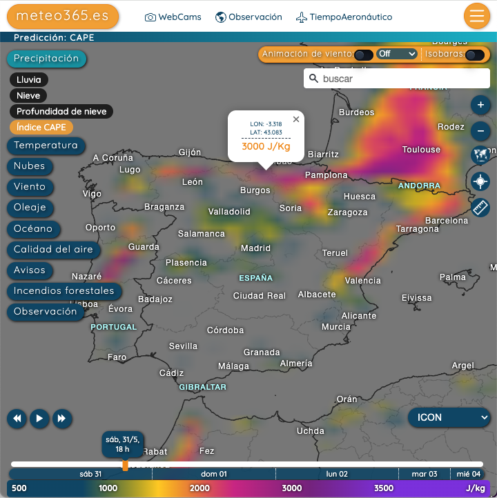 El tiempo en España el sábado - Otra vez #tormentas intensas acompañadas de #granizo por la tarde