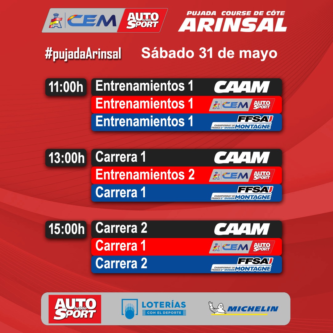 Horarios de la jornada del sábado en la #pujadaArinsal, tercera prueba del #CEMAUTOHEBDO 2025
⏱️ Tiempos 👉 esportiva.aca.ad/es/pruebas-dep…
📺 Streaming 👉 cem.rfeda.es/streaming
📻 Radio 👉 cem.rfeda.es/radio