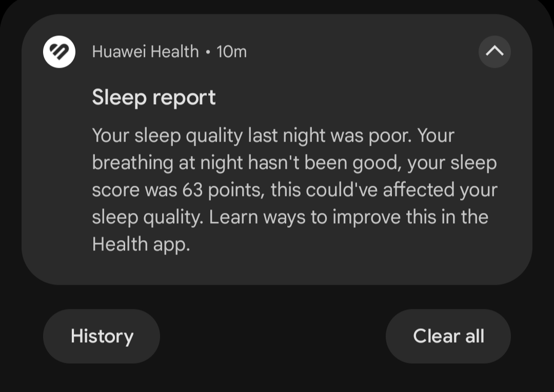 mikestottwp's tweet image. Thanks @Huawei you should soften the feedback a little.
Or if you want to go the other way, start the notification with "Hey, you suck and your sleep quality..."
Roll on getting rid of this cough!