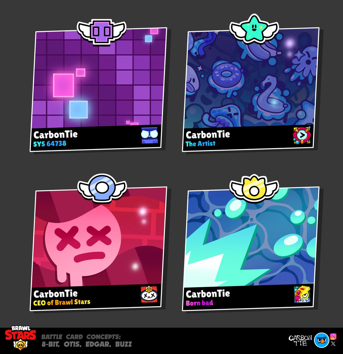 Brawler Battle Card Concepts:
8-Bit, Otis, Edgar, &amp; Buzz! 👾⭐️🧣💦
#BrawlStars