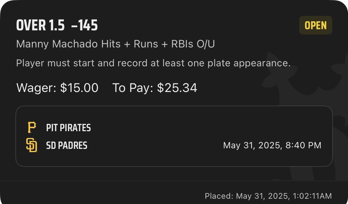 HotShot Fantasy Sports (@hotshotfantasy) on Twitter photo 🌙 LATE NIGHT PLAY 🌙
Manny Machado o1.5 HRR (-145 DK)
Shoutout <a href="/propsdotcash/">Props.Cash</a> for the data 📊
Manny Machado has been heating up recently. This season, he's averaging 2.3 HRR, with 2.8 HRR over his last 10 games and 2.8 in his last 5. He'll face Bailey Falter, who has a 3.47 🌙 LATE NIGHT PLAY 🌙
Manny Machado o1.5 HRR (-145 DK)
Shoutout <a href="/propsdotcash/">Props.Cash</a> for the data 📊
Manny Machado has been heating up recently. This season, he's averaging 2.3 HRR, with 2.8 HRR over his last 10 games and 2.8 in his last 5. He'll face Bailey Falter, who has a 3.47