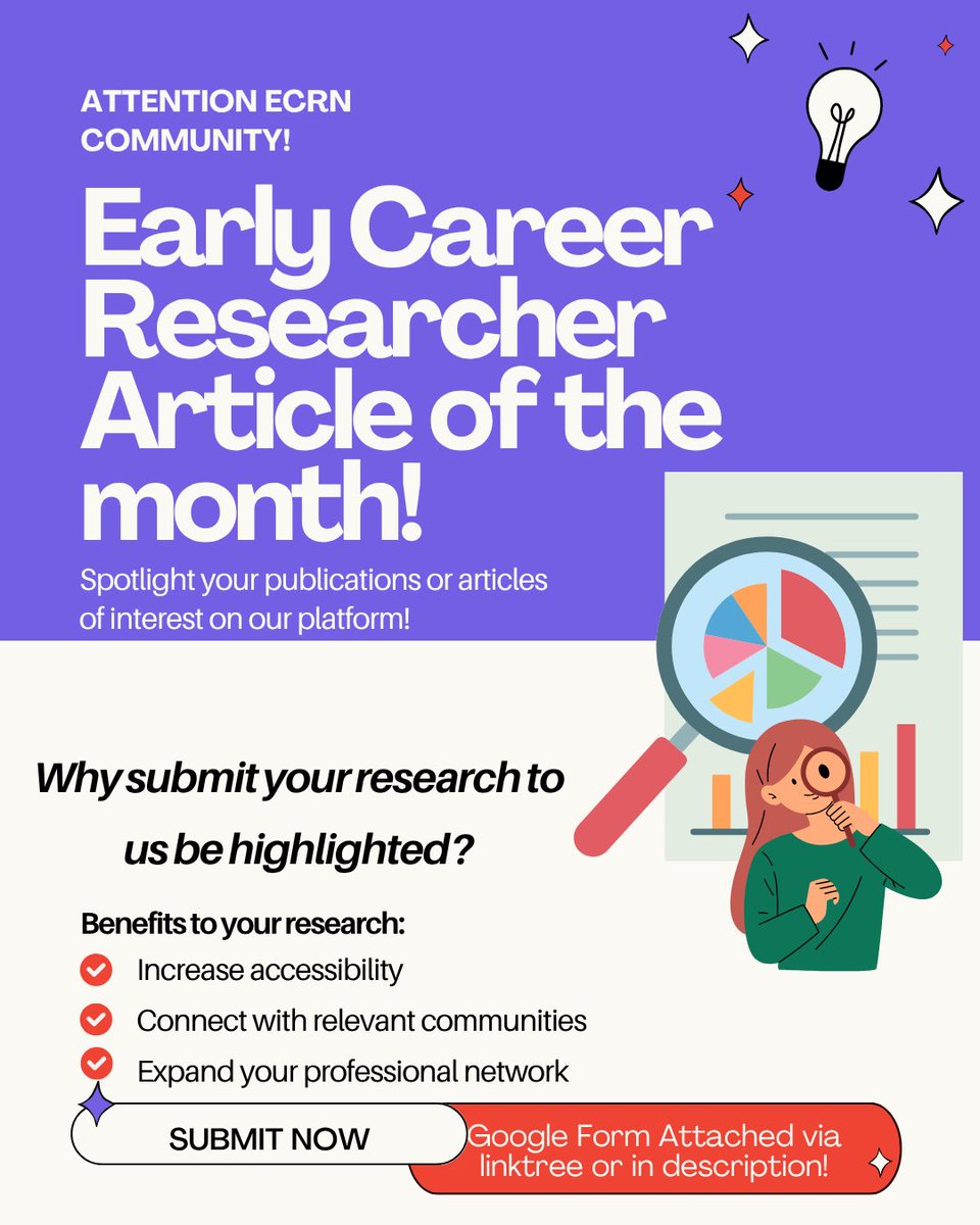 Want to boost your research visibility or highlight a great article?💡
We're launching an ECR Article of the Month—featured on our page and socials!📲
Get your work seen, connect with new communities, and grow your network.
Submit Via: docs.google.com/forms/d/1yQ43Y…