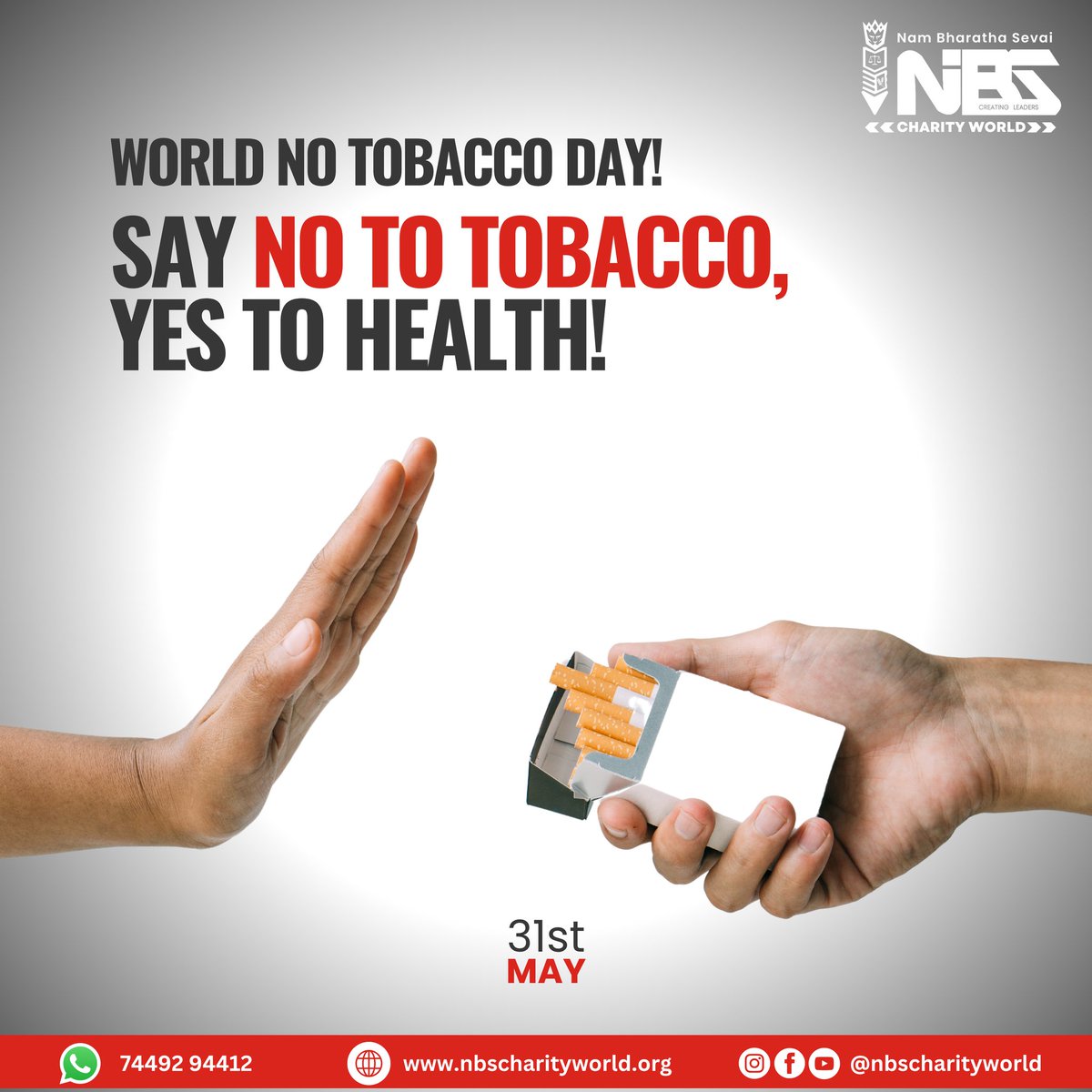 NBSCHARITYWORLD's tweet photo. 🚭 Say No to Tobacco, Say Yes to Life!
This Anti-Tobacco Day, let's raise our voices for a healthier, smoke-free future. Every puff takes you closer to danger — choose health, choose life. 🌱💪

#nbs #nbscharityworld #AntiTobaccoDay #WorldNoTobaccoDay #SayNoToTobacco #QuitSmoking https://t.co/YF58prlY32