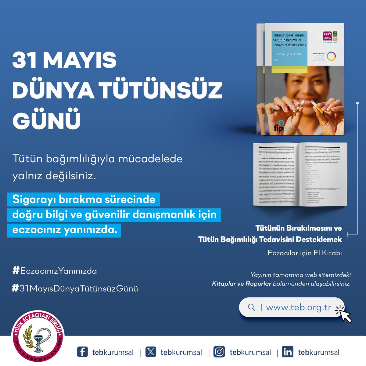 Her nefeste sağlığa, her adımda geleceğe…
Tütün bağımlılığıyla mücadelede yalnız değilsiniz.

Eczacınız, bu zorlu yolculukta en yakın destekçiniz.
Sigarayı bırakma sürecinde doğru bilgi ve güvenilir danışmanlık için eczacınız yanınızda.

Birlikte başarabiliriz!

Detaylı