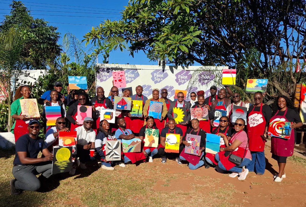 wakiaga's tweet photo. A connected team is a productive team! 
Spent the end of work day painting, laughing and bonding with the wonderful, committed team of people that run the @UNDPZambia engine! Also pleasantly surprised to see how many of them are secret artists 😃  #Peoplefor2030 https://t.co/eaj7ZYR6Dv