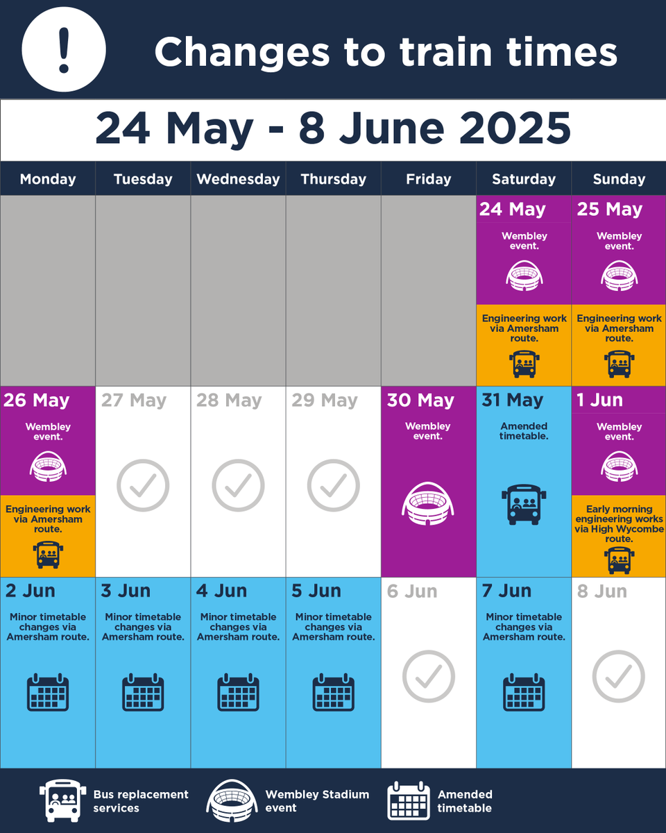 With some engineering works and Wembley events throughout May, we will be running an amended timetable on these days and advise you check your travel - You can see more information here - chilternrailways.co.uk/tickets-and-ti…