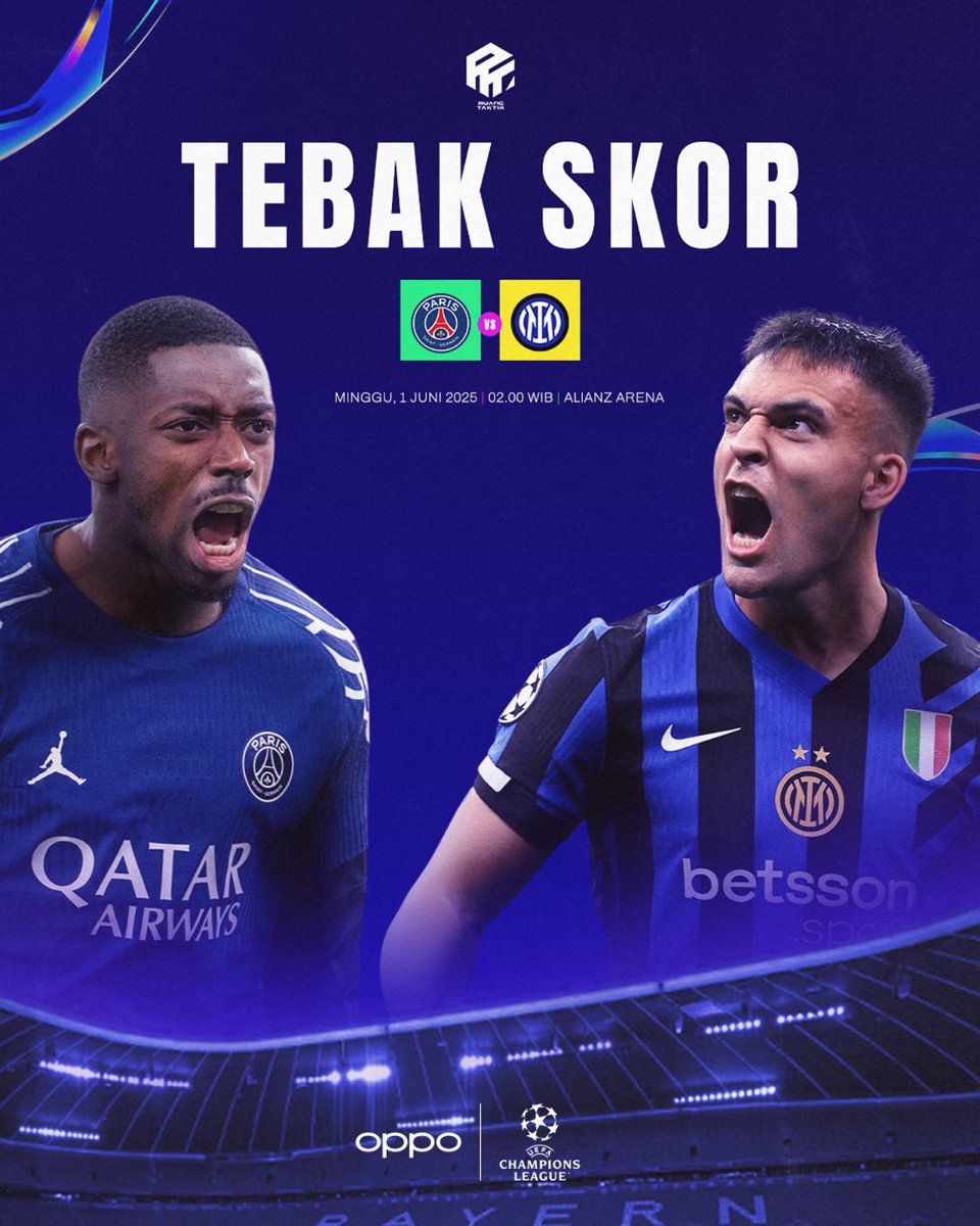 Ruang Taktik (@ruangtaktik) on Twitter photo TEBAK SKOR dengan total hadiah 1 juta rupiah untuk 2 orang pemenang. Sebutkan skor & pencetak gol pertama di Final UCL nanti. Contoh:
PSG 1-1 Inter (Dumfries)
*90 menit saja
Syarat retweet & follow <a href="/OPPOIndonesia/">OPPO Indonesia</a>
#OPPOxUCL25
#OPPOMatchday2025
#MakeYourMoment TEBAK SKOR dengan total hadiah 1 juta rupiah untuk 2 orang pemenang. Sebutkan skor & pencetak gol pertama di Final UCL nanti. Contoh:
PSG 1-1 Inter (Dumfries)
*90 menit saja
Syarat retweet & follow <a href="/OPPOIndonesia/">OPPO Indonesia</a>
#OPPOxUCL25
#OPPOMatchday2025
#MakeYourMoment