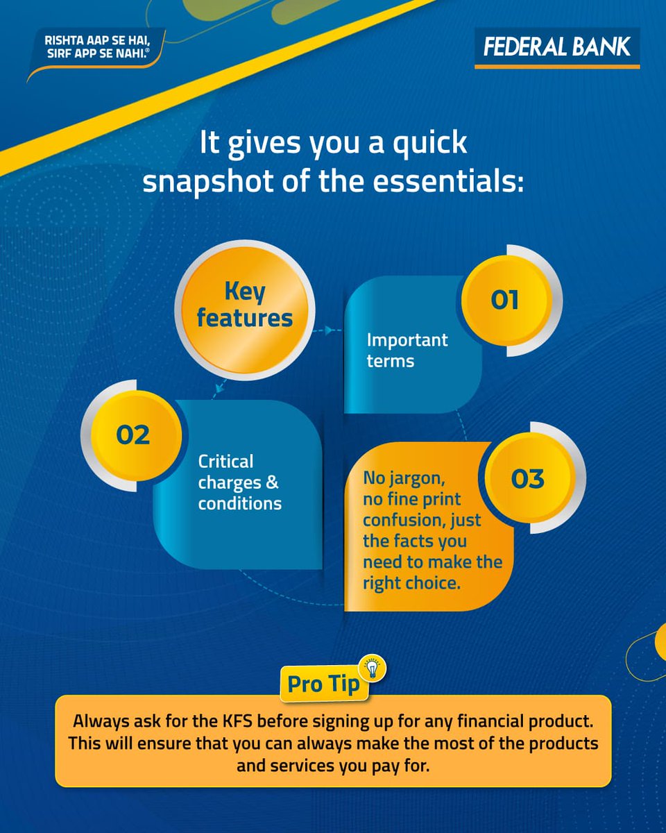 Don’t just sign. Ask for the KFS! 

Before choosing any financial decisions, make sure you get the Key Fact Statement. It’s your financial cheat sheet – no jargon, no hidden terms, just the facts you need to make the right choice.

#AskForKFS #FederalBank #CustomerAwareness
