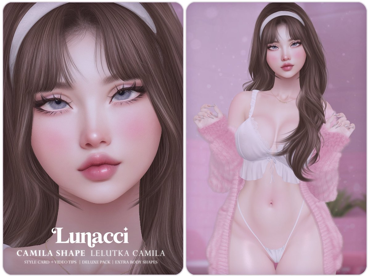 TTLunacci's tweet image. 💖 Camila Shape (Lelutka Camila)
› style card + tips
› deluxe pack
› reborn, legacy, larax
› base eyes | works only with bom eyes.

› full body: i.ibb.co/Y4dTMWbT/camil…

📌 MARKETPLACE: marketplace.secondlife.com/stores/242306 
🌟 SOCIAL MEDIA: linktr.ee/Lunacci