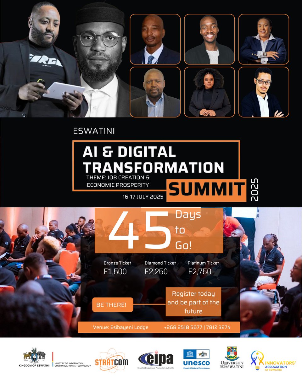 stratcommedia's tweet image. 🚨 45 Days to Go! 🚨
The shift is here. The AI &amp;amp; Digital Transformation Summit 2025 is where Eswatini’s future is forged.
📅 16–17 July | 📍 Esibayeni Lodge
🎯 Job Creation &amp;amp; Economic Prosperity
Tap in 👉 summit.stratcomeswatini.com/pricing-table
#AIDigitalSummit2025 #45DaysToGo #LeadWithTech