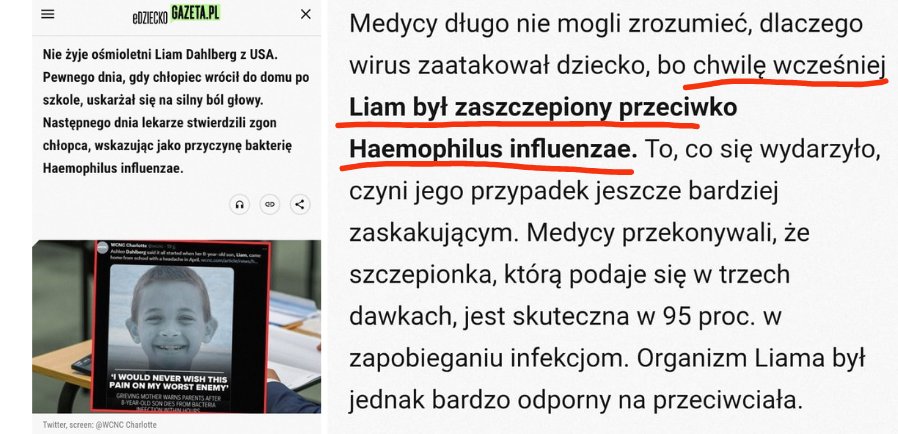 Ośmiolatek umiera z powodu zakażenia bakterią Haemophilus influenzae.

Co ciekawe, "chwilę wcześniej" był zaszczepiony przeciwko bakterii Haemophilus influenzae...

To jest jedna z takich sytuacji, gdy rodzice mogliby lekarzowi zadać pytanie: "Panie Doktorze, czy moje dziecko na
