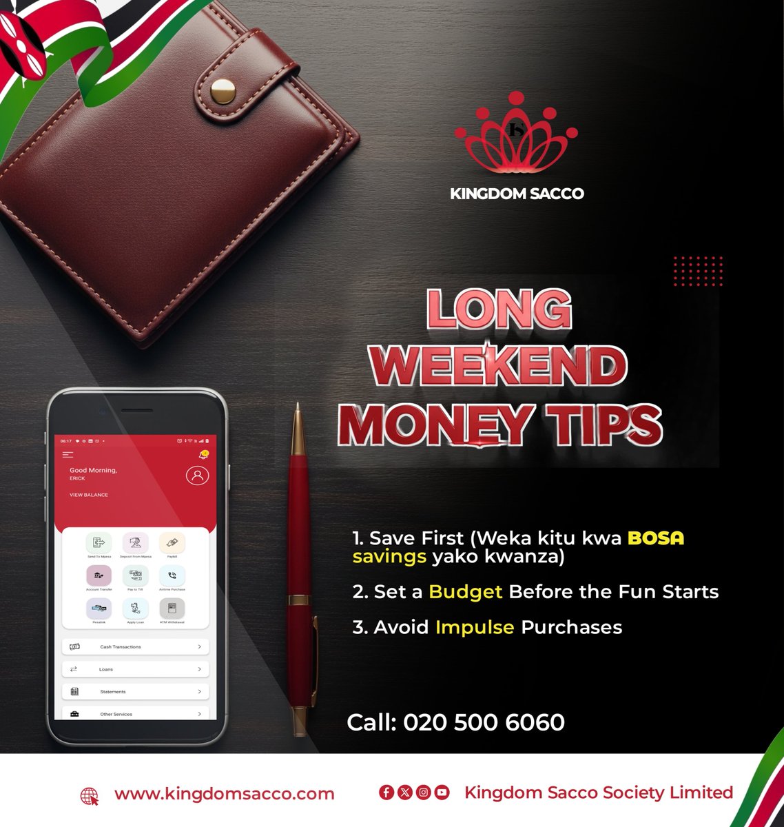 #longweekendMoneyTips

1. Save First (Weka kitu kwa BOSA savings yako kwanza)
2. Set a Budget Before the Fun Starts
3. Avoid Impulse Purchases

Ksacco App: bit.ly/app_ksacco

#ksacco #KingdomSacco #longweekendvibes #kingdomsacco #EmpoweringPeopleTransformingLives